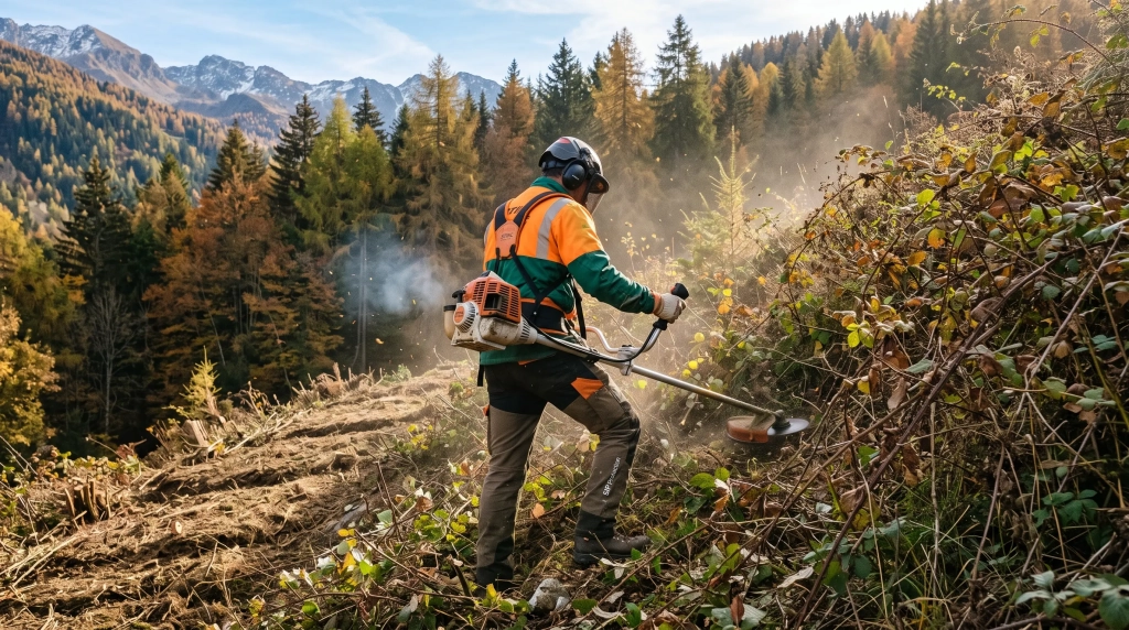 Professionnel débroussaillant un terrain en pente envahi de ronces en Tarentaise