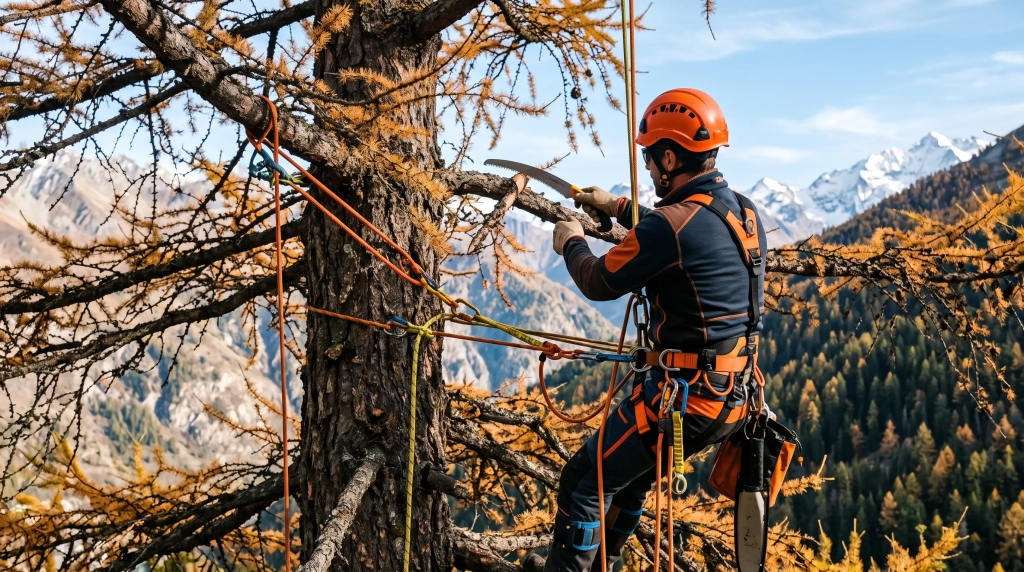 Élagueur-grimpeur encordé dans un mélèze, entreprise d'élagage en Tarentaise
