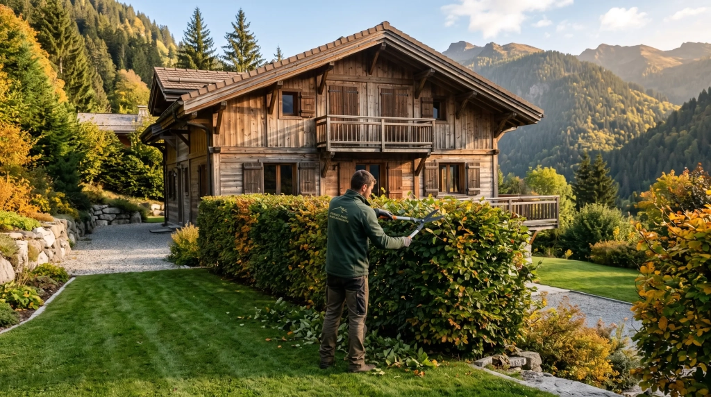 Jardinier taillant une haie devant un chalet, entretien jardin en Tarentaise