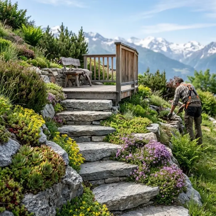Escalier en pierre bordé de vivaces, aménagement de jardin en Tarentaise
