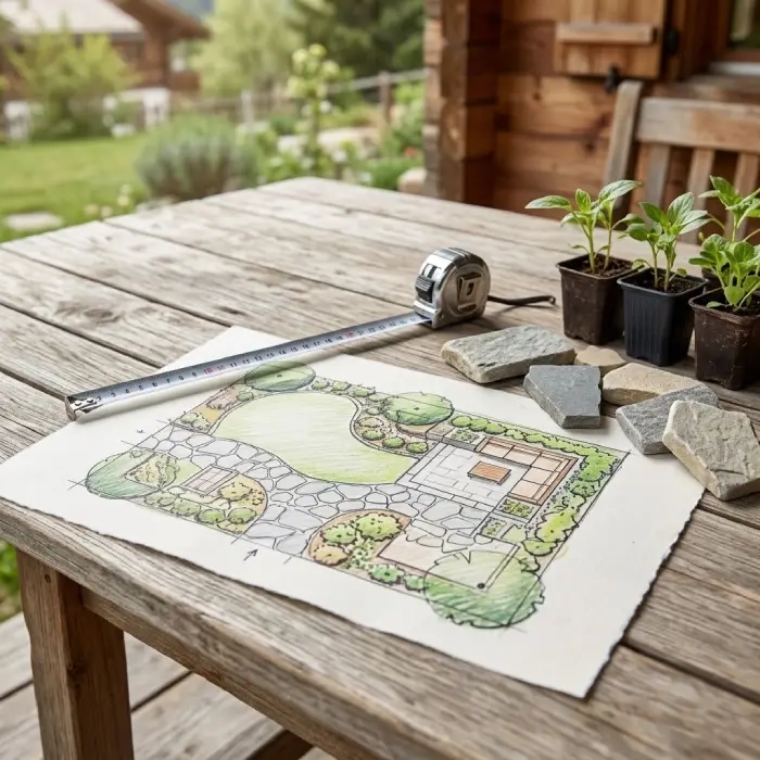 Plan de création de jardin en Tarentaise avec échantillons de pierre et plants