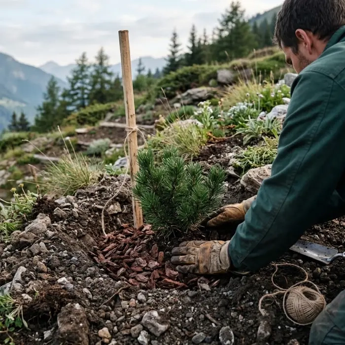 Plantation d'un arbuste de montagne pour une création de jardin en Tarentaise