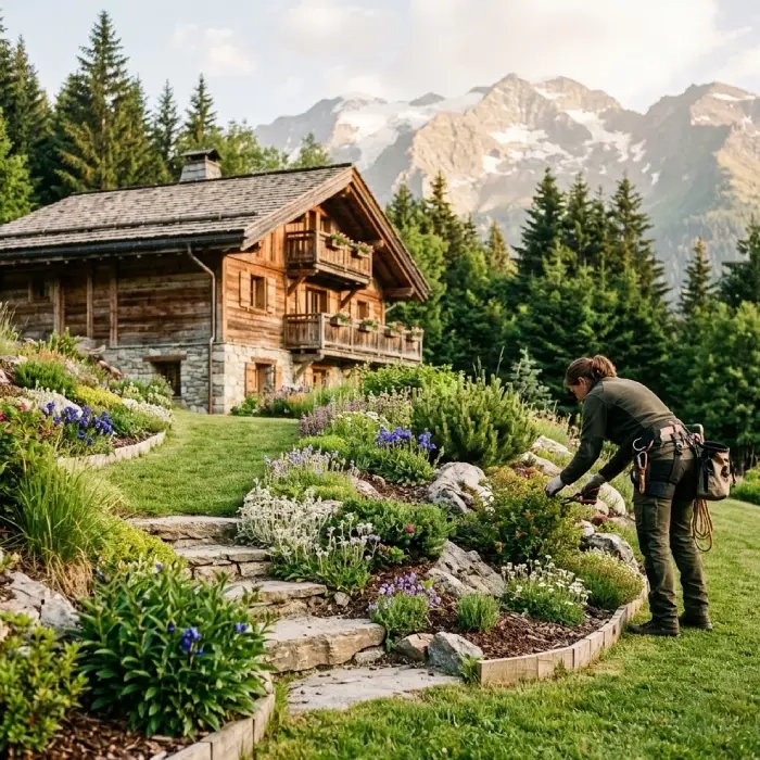 Jardin de chalet créé par un paysagiste à Bourg-Saint-Maurice avec vivaces alpines
