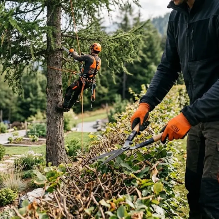 Élagueur-grimpeur et paysagiste au travail dans un jardin en Haute-Tarentaise